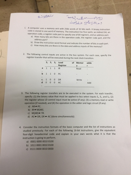 . A computer uses a memory unit with 256k words of 32 bits each. A binary instruction code is stored in one word of memory. T