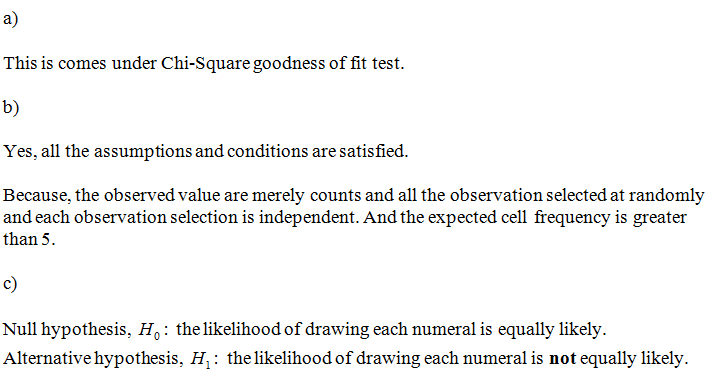 a) This is comes under Chi-Square goodness of fit test. b) Yes, all the assumptions and conditions are satisfied. Because, the observed value are merely counts and all the observation selected at randomly and each observation selection is independent. And the expected cell frequency is greater than 5 selection is ndependent. And the expected cell frequency is greater c) Null hypothesis, Ho: the likelihood of drawing each numeral is equally likely. Alternative hypothesis, H: the likelihood of drawing each numeral is not equally likely.