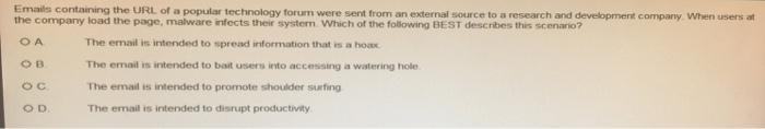 Emails containing the URL of a popular technology forum were sent from an external source to a research and development company. When users at the company load the page, malware infects their systern. Which of the following BEST describes this scenario? B. O C o D The email is intended to spread information that is a hoax The email is intended to bait users into accessing a watering hole The email is intended to promote shoulder surfing The email is intended to disrupt productivity