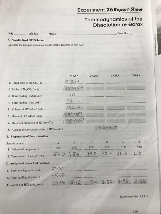 Experiment 26 Report Sheet Thermodynamics Of The Chegg 