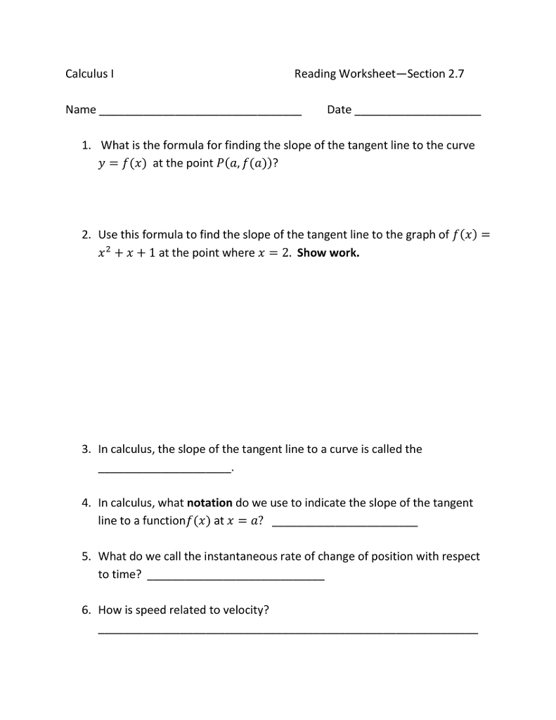 Solved Calculus I Reading Worksheet Section 2 7 Namedate Chegg Com