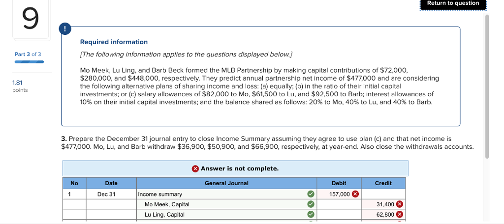 Return to question 9 required information part 3 of 3 [the following information applies to the questions displayed below.) mo meek, lu ling, and barb beck formed the mlb partnership by making capital contributions of $72,000 $280,000, and $448,000, respectively. they predict annual partnership net income of $477,000 and are considering the following alternative plans of sharing income and loss: (a) equally; (b) in the ratio of their initial capital investments; or (c) salary allowances of $82,000 to mo, $61,500 to lu, and $92,500 to barb; interest allowances of 10% on their initial capital investments, and the balance shared as follows: 20% to mo, 40% to lu, and 40% to barb 181 points 3. prepare the december 31 journal entry to close income summary assuming they agree to use plan (c) and that net income is $477,000. mo, lu, and barb withdraw $36,900, $50,900, and $66,900, respectively, at year-end. also close the withdrawals accounts. answer is not complete. no date general journal debit credit dec 31 ncome summary 157,000 mo meek, capital lu ling, capital 31,400 62,800