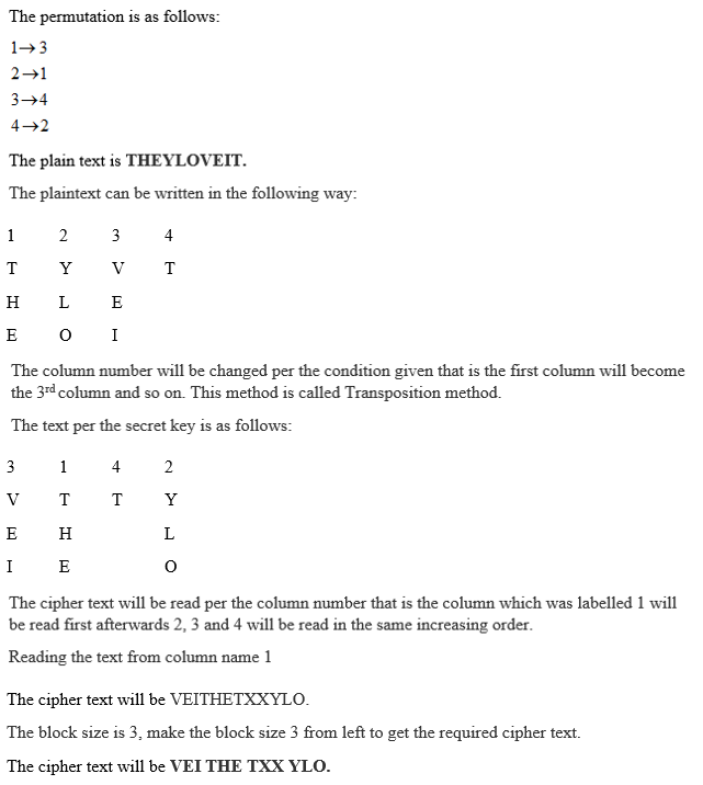 Solved Assume Secret Key 1 2 3 4 3 1 4 2 Assume Plaintext Theyloveit Remember Block Length 4 Numb Q