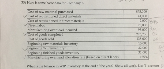 33) Here is some basic data for Company B: Cost of raw material purchased Cost of requisitioned direct materials Cost of requisitioned indirect materials Direct labor Manufacturing overhead incurred Cost of goods completed Cost of goods sold Beginning raw materials inventory Beginning WIP inventory Beginning finished goods invento Manufacturing overhead allocation rate (based on direct labor) $75,000 41,000 2,000P-ee 75,000 95,000 226,750 138,000 15,000 32,000| 31,0001 125% What is the balance in WIP inventory at the end of the year? Show all work. Use T-account (1