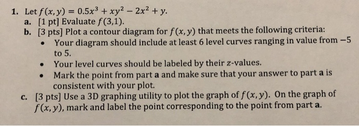 1. Let f(x,y) 0.5x3 xy2 - 2x2 y. [1 pt] Evaluate f(3,1). [3 pts] Plot a contour diagram for f(x, y) that meets the following criteria: a. b. Your diagram should include at least 6 level curves ranging in value from -5 to 5 Your level curves should be labeled by their z-values. Mark the point from part a and make sure that your answer to part a is consistent with your plot. [3 pts] Use a 3D graphing utility to plot the graph of f(x, y). On the graph of f(x, y), mark and label the point corresponding to the point from part a. c.
