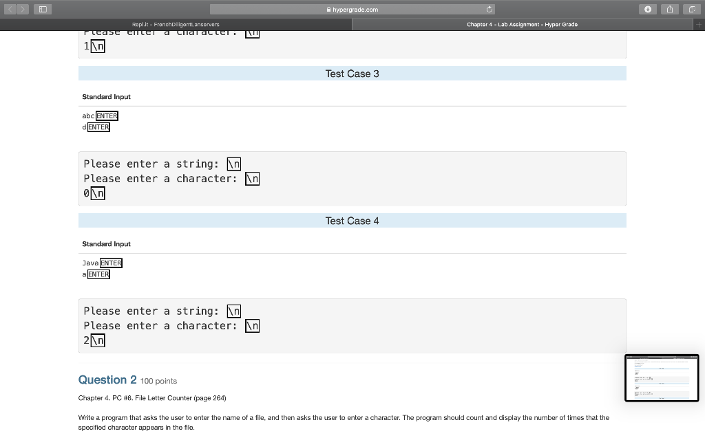 hypergrade.com Chapter 4 -Lab Assignmant-Hyper Grade Rapl.it Test Case 3 Standard Input abcENTE ENTER Please enter a string: