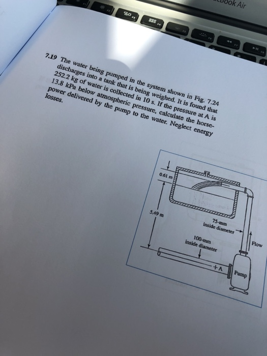 DOok Air 7.19 The water being pumped in the system shown in Fig. 7:24 discharges into a tank that is being weighed. It is found that 252.2 kg of water is collected in 10 s. If the pressure at A is 13.8 kPa below atmospheric pressure, calculate the horse- power delivered by the pump to the water. Neglect energy 0.61 m 75-mm 5.49 m Flow inside diameter APump