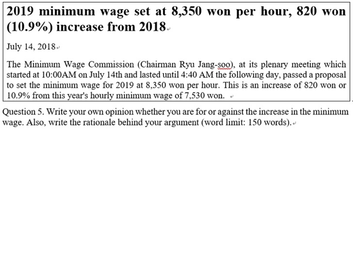 Solved 2019 Minimum Wage Set At 8 350 Won Per Hour 820 W