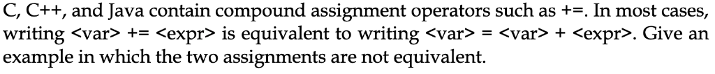 C, C++, and Java contain compound assignment operators such as+. In most cases, writing <var> += <expr> is equivalent to writ