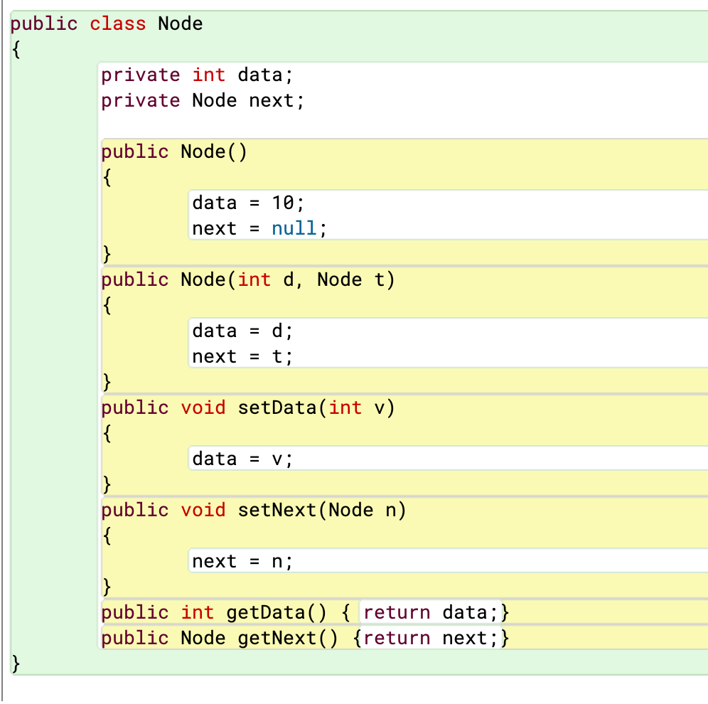 public class Node private int data; private Node next; public Node() data-10 next - null; public Node (int d, Node t) datad;