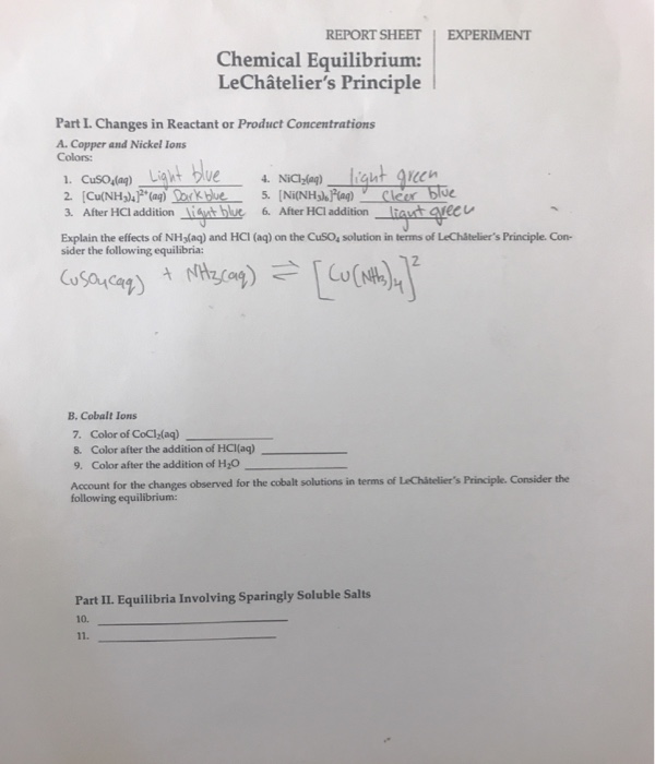 Solved Report Sheet I Experiment Chemical Equilibrium Le Chegg Com