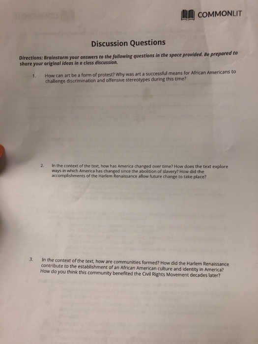 COMMONLIT Discussion Questions Rections: Brainstor ...