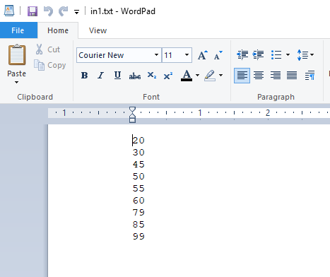 in1.txt WordPad File Home View Cut Courier New Copy Paste Clipboard Font Paragraph 2o 30 50 60 79 85