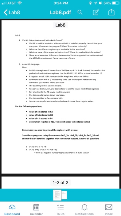 AT&T 3:24 PM Lab8 Lab8.pdf aビ也 Lab8 ab 8 1 VisUAL a. VisUAL is an ARM emulator. Make sure that it is installed property. Laun