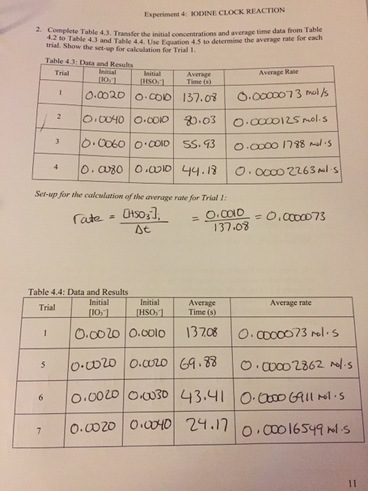 mathematical 24 of table CLOCK 4 IODINE RATE REAC Experiment THE LAW FOR AN Solved: