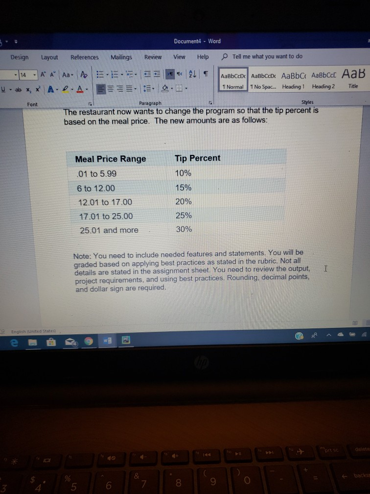 Document4 Word 1 Normal No Spac.. Heading 1 Heading 2 Title Styles Paragraph Font The restaurant now wants to change the prog