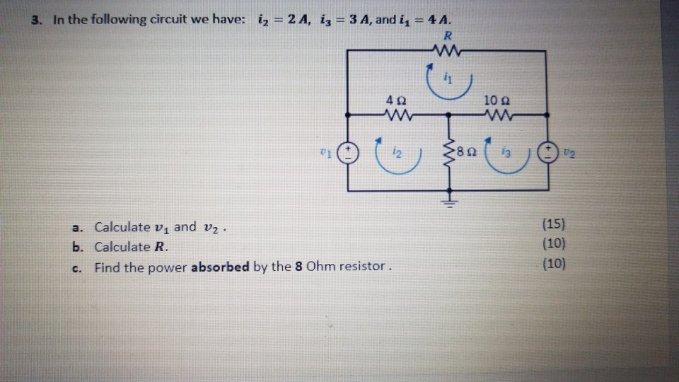 3. In the following circuit we have: i2-2 A, i3-3 A, and i1-4 A. 4 2 10 2 8913 a. Calculate vi and v2 b. Calculate R c. Find the power absorbed by the 8 Ohm resistor. (15) (10) (10)
