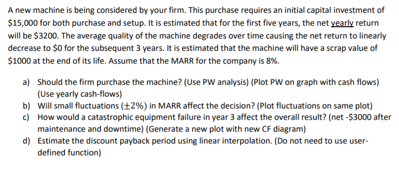 A new machine is being considered by your firm. This purchase requires an initial capital investment of $15,000 for both purc