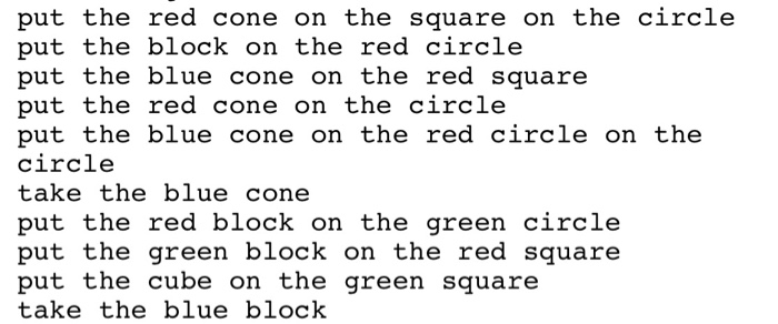 put the red cone on the square on the circle put the block on the red circle put the blue cone on the red square put the red