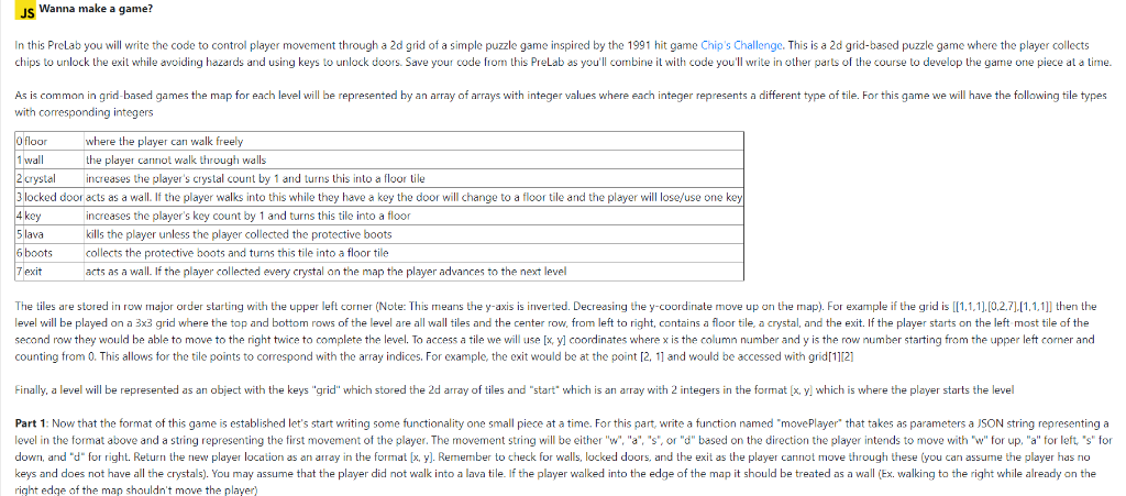 Wanna make a game? JS In this PreLab you will write the code to control player movement through a 2d grid of a simple puzzle