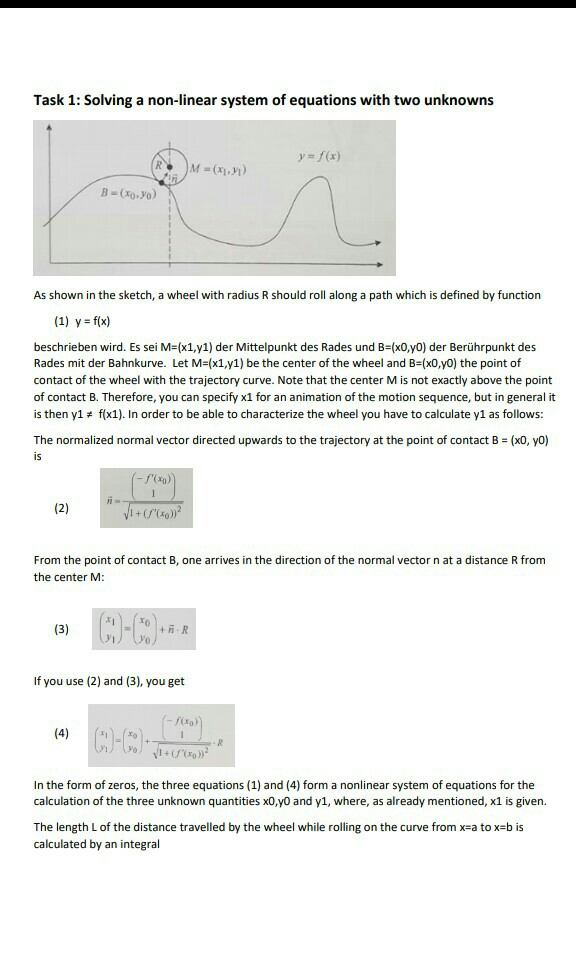 Task 1: Solving a non-linear system of equations with two unknowns y-f(x) B (x0.Yo) As shown in the sketch, a wheel with radi