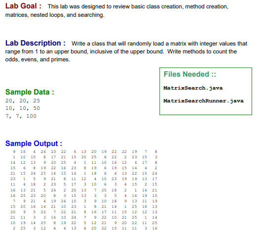 Solved Java Matrix Search Lab Write Class Randomly Load Matrix Integer Values Range 1 Upper Bound Q