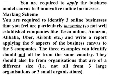 You are required to apply the business model canvas to 3 innovative online businesses. Marking Scheme You are required to identify 3 online businesses that you feel are particularly innovative (so not well established companies like Tesco online, Amazon Alibaba, Uber, Airbnb etc.) and write a report applying the 9 aspects of the business canvas to the 3 companies. The three examples you identify should not all be from the same country. They should also be from organisations that are of a different size (i.e. not al from 3 large organisations or 3 small organisations).