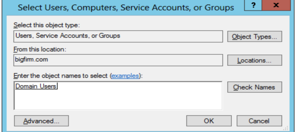 ?x Select Users, Computers, Service Accounts, or Groups Select this object type: Users, Service Accounts, or Groups From this