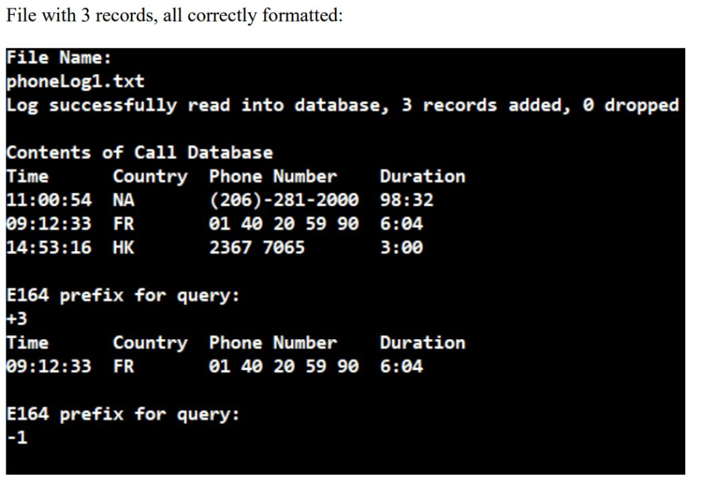 File with 3 records, all correctly formatted: File Name: phoneLog1.txt Log successfully read into database, 3 records added,