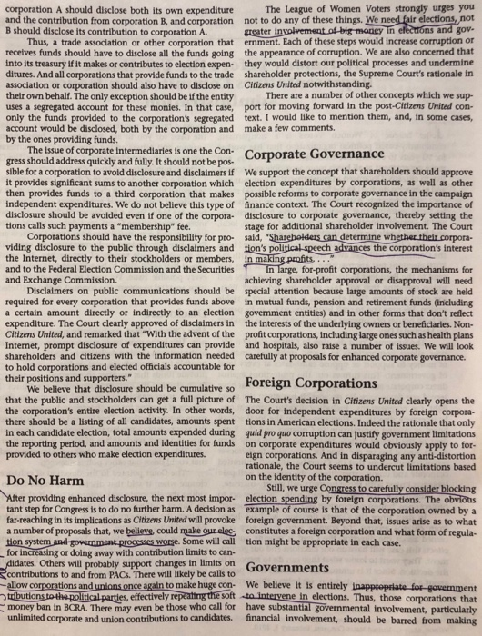 The League of Women Voters strongly urges you corporation A should disclose both its own expenditure and the contribution fro