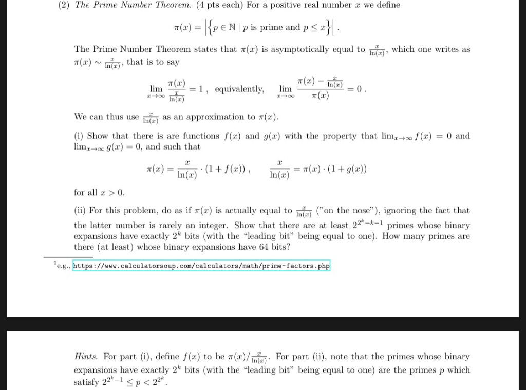 2 The Prime Number Theorem 4 Pts Each For A P Chegg Com