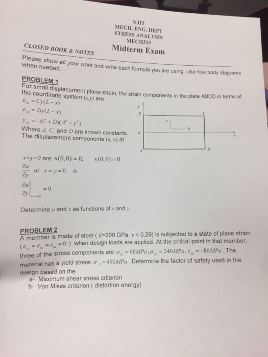Solved NJIT MECH. ENG. DEPT STRESS ANALYSIS MECH315 Midte...