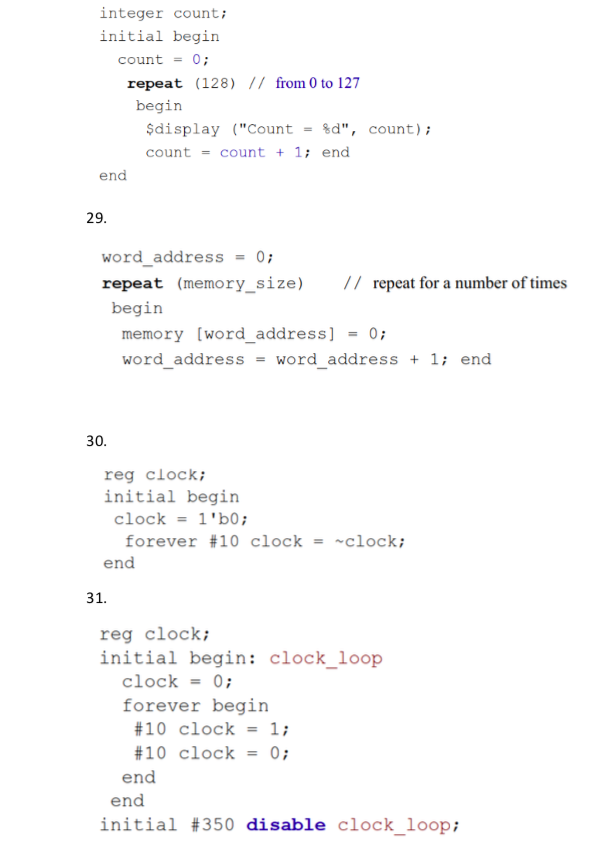 integer count; initial begin count = 0; repeat (128) /7 from 0 to 127 begin $display (Count = %d, count); count -count+1; e