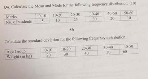 Q4. Calculate the Mean and Mode for the following frequency distribution. (10) Marks No. of students 5 10 25 30 20 10 0-10 10