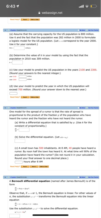 Solved 6 43イ A Ume That The Carrying Capacity For T 6 43イ A Ume That The Carrying Capacity For Us Potion
