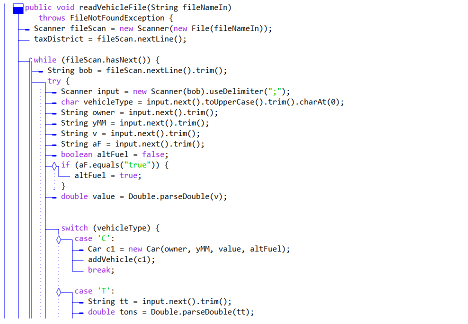 public void readVehicleFile(String fileNameIn) throws FileNotFoundException { Scanner fileScan new Scanner (new File(fileName