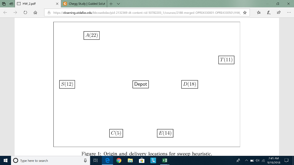 X C Chegg Study | Guided Solut + 0 白 http://elear ning udalla edu bbcswebdapd-2132369-dtcontent d-50782203 orss2188- ne gedOPRE4330001 OPRE430501 w 1 し A(22) T(11) S(12) Depot D (18) C(5) E(14) Figure 1: Origin and delivery locations for sweep heuristic 2:45 AM 9/19/2018 Type here to search ︿ 삐49