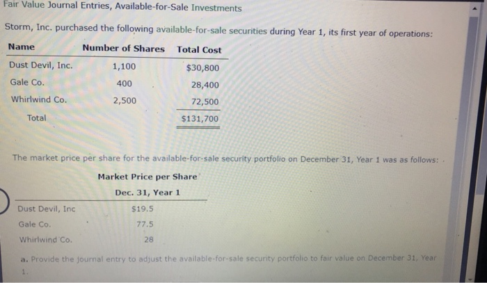 Solved Fair Value Journal Entries, Available-for-Sale | Chegg.com