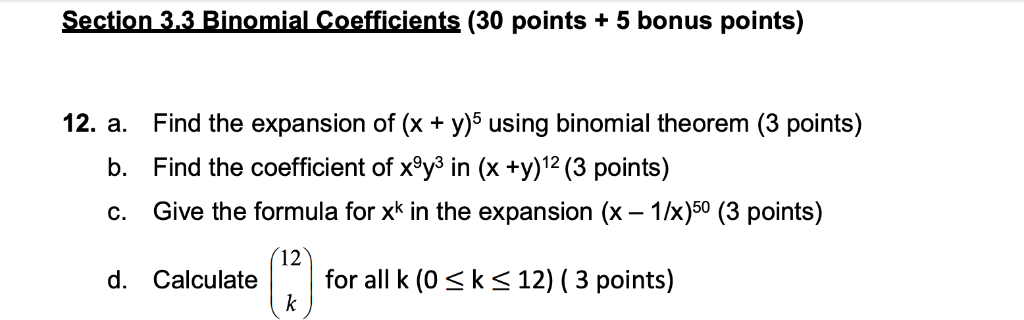 Section 3 3 Binomial Coefficients 30 Points 5 Bonus Chegg Com