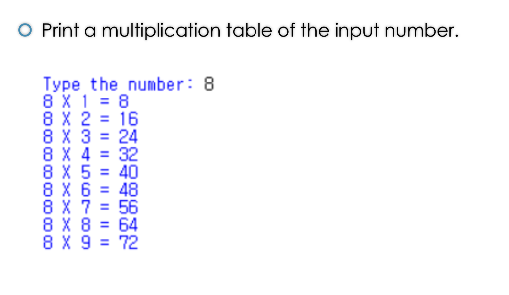 O Print a multiplication table of the input number. Type the number: 8 8 X 3 24 8 X 4 32 8X5=40 8X6=48 8X 756 8X8=64 8 X 9 72