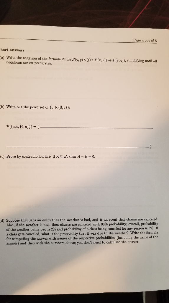 Solved Page 4 8 Hort Answers Write Negation Formula Vr 3y Plud Vz P Z P Z V Simplifying Al Negati Q36797909