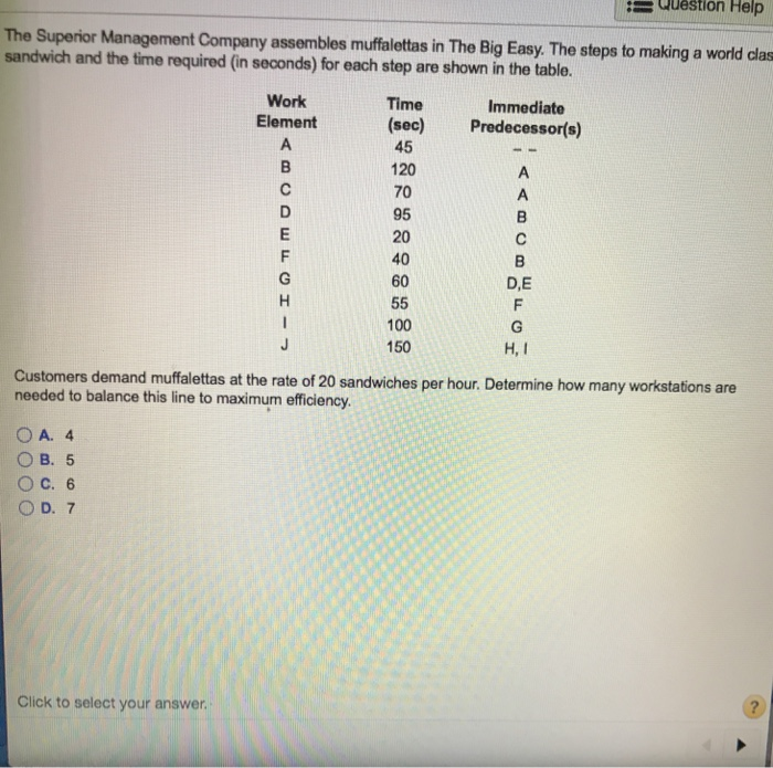 Question Help The Superior Management Company assembles muffalettas in The Big Easy. The steps to making a world clas sandwich and the time required (in seconds) for each step are shown in the table. Work Element Time (sec) Predecessorfs) 45 120 70 95 20 40 60 Immediate D,E 100 150 H, I Customers demand muffalettas at the rate of 20 sandwiches per hour. Determine how many workstations are needed to balance this line to maximum efficiency. OA. 4 OC. 6 Click to select your answer