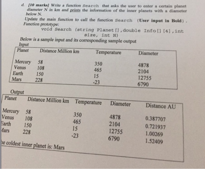 d. 110 marks] Write a function Search that asks the user to enter a certain planet diameter N in km and prints the informatio