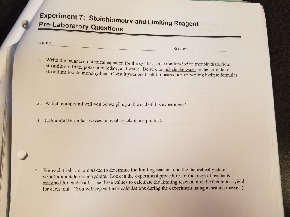 Experiment 7 Stoichiometry And Limiting Reagent Chegg 
