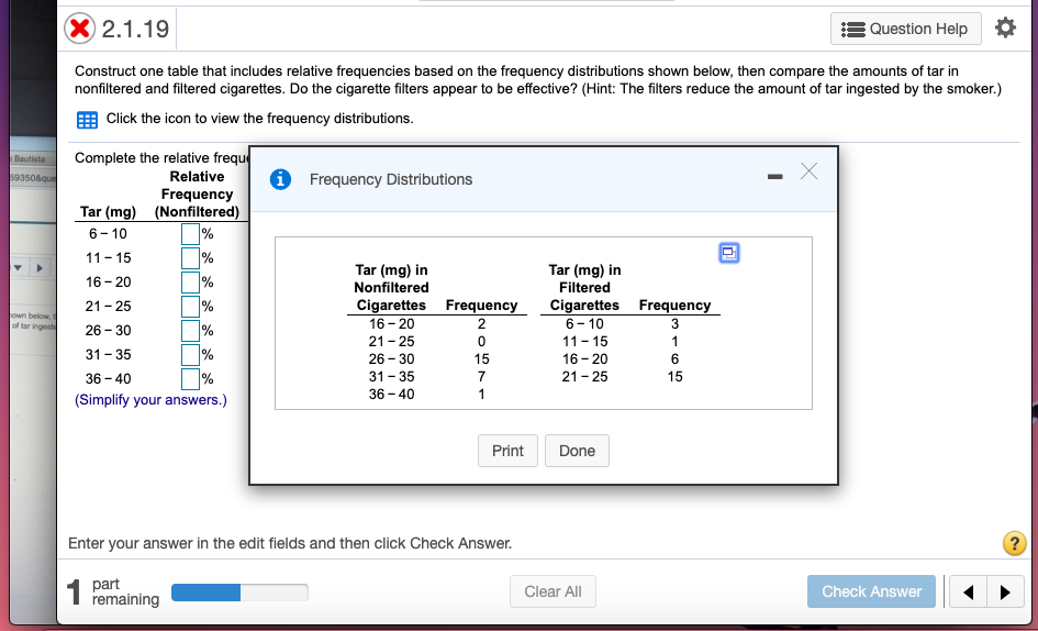 do cigarette filters appear to be effective Solved Frequency Distributions Solved X 2.1.19 Question Help