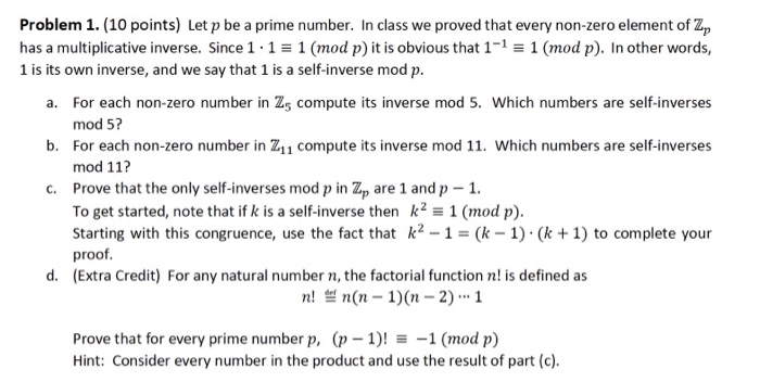 multiplicative congruence inverse In Be 1. Problem P (10 Solved: Prime A Let Number. Points)