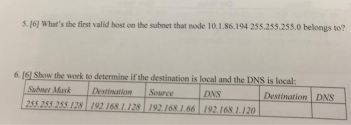 5. [61 Whats the first valid host on the subnet that node 10.1.86.194 255.255.255.0 belongs to? 6. 161 Show the work to dete