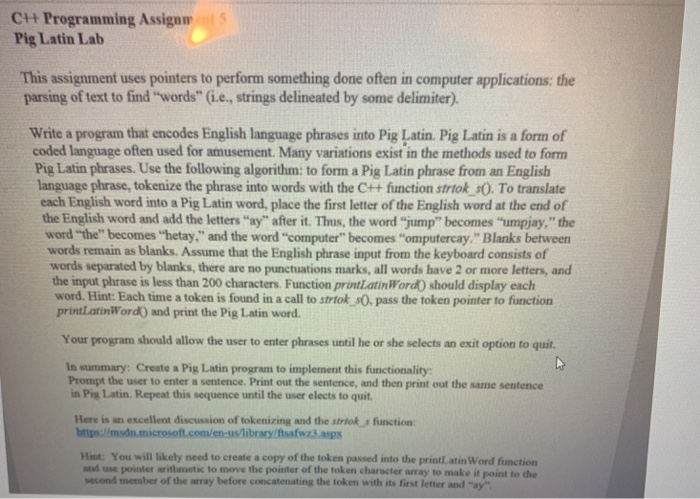 Ct Programming Assgam Pig Latin Lab This assignment uses pointers to perform something done often in computer applications: t