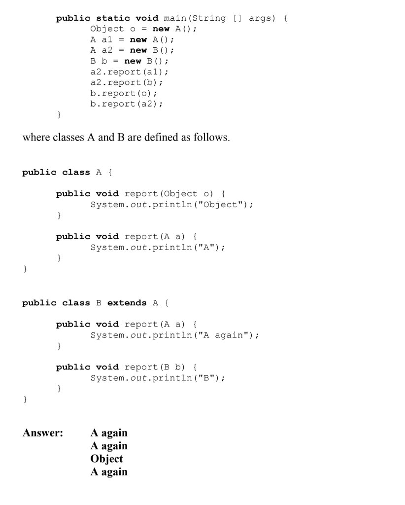 public static void main (String [] args) Object onew A) A al -new A); A a2new B); B b - new B) a2.report (al) a2.report (b); b.report (o); b.report (a2); where classes A and B are defined as follows public class A t public void report (Object o) System.out.println(object) public void report (A a) System.out.println (A) public class B extends A public void report (A a) System.out.println (A again); public void report (B b) System.out.println (B) Answer: A again A again Object A again