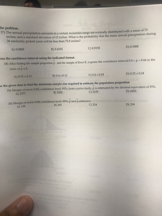 Solved He Problem 17 The Annual Precipitation Amounts In Chegg Com